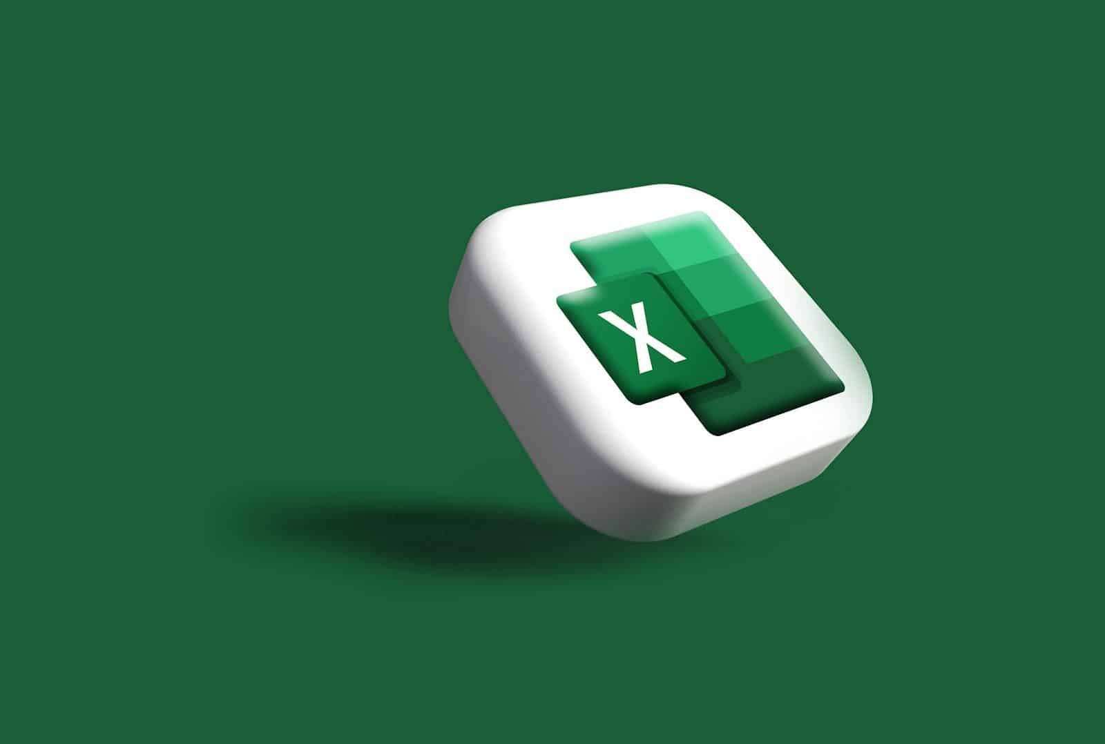 A 3D icon of the Microsoft Excel logo on a dark green background